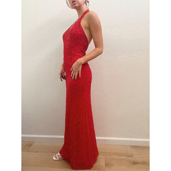 Vintage 1990's 100% Silk Red Beaded Formal Maxi Halter Gown - Picture 7 of 10